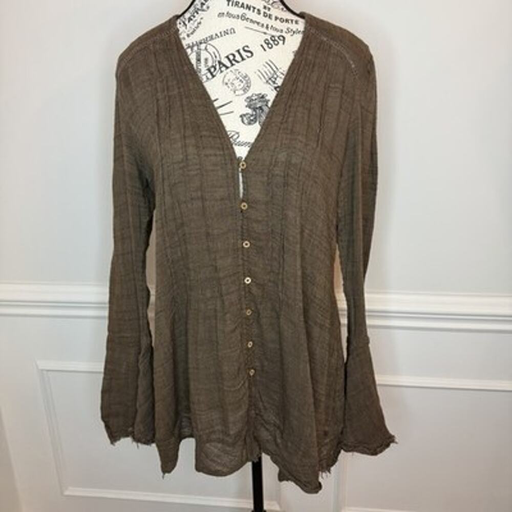 Free People Brown Gauze Button Front Tunic Size Large Semi-Sheer Raw Frayed Hem